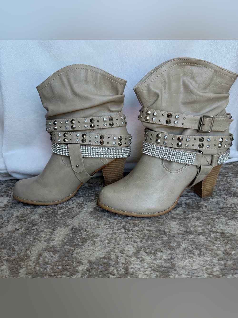 Mojo Moxy Taupe Studded & Rhinestone Slouch Ankle Boots
